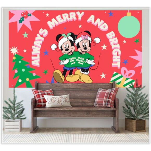 Gemmy Disney Mickey Minnie 8 ft Merry & Bright Christmas Decor Backdrop Banner - Picture 1 of 7